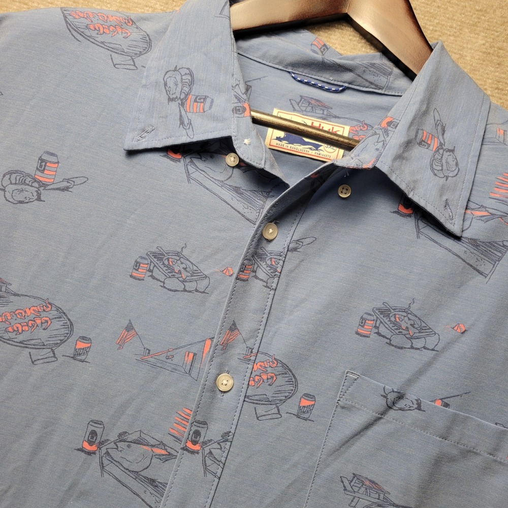 Huk Fishing Button Down Shirt Mens 3XL Blue Orange Fish Grill Graphic SS